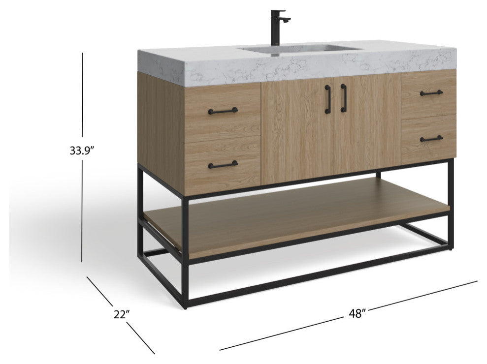Bahia Bath Vanity, Oak, 48", Matte Black Hardware, Single, Freestanding