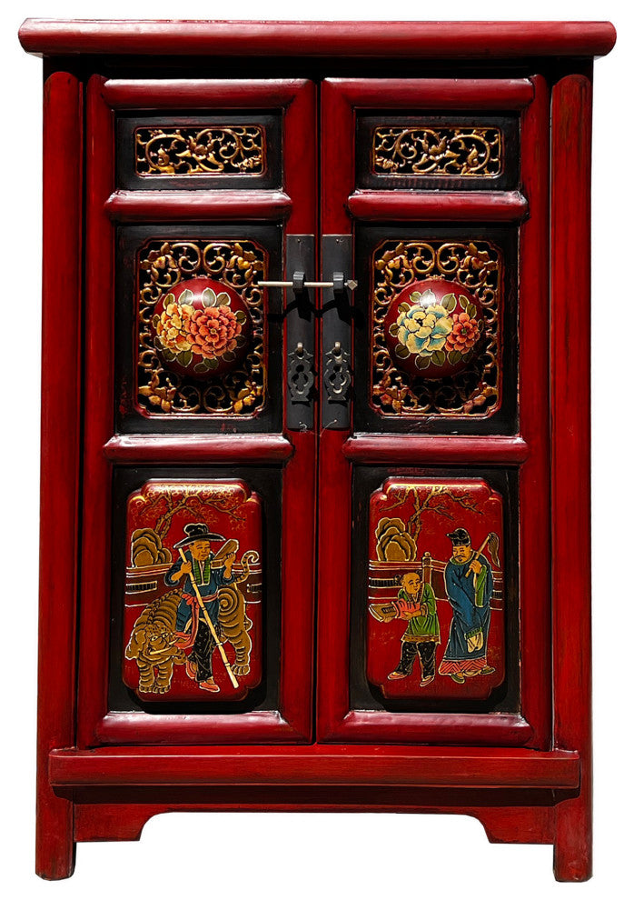 Chinese Distressed Brick Red Carving Tall Side End Table Nightstand Hcs7611