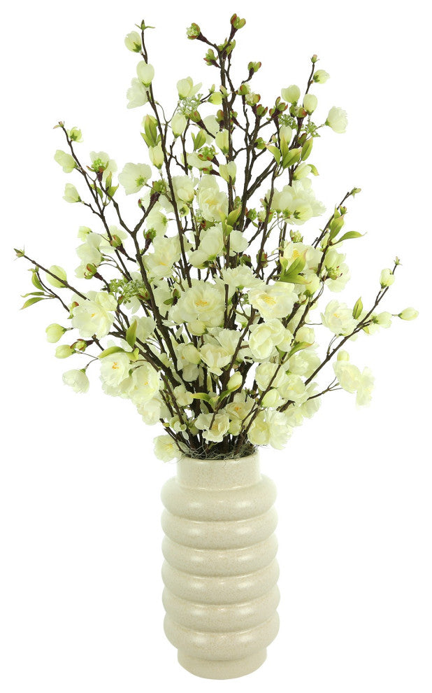 Cherry Blossoms Arranged in Ridged Ceramic Vase