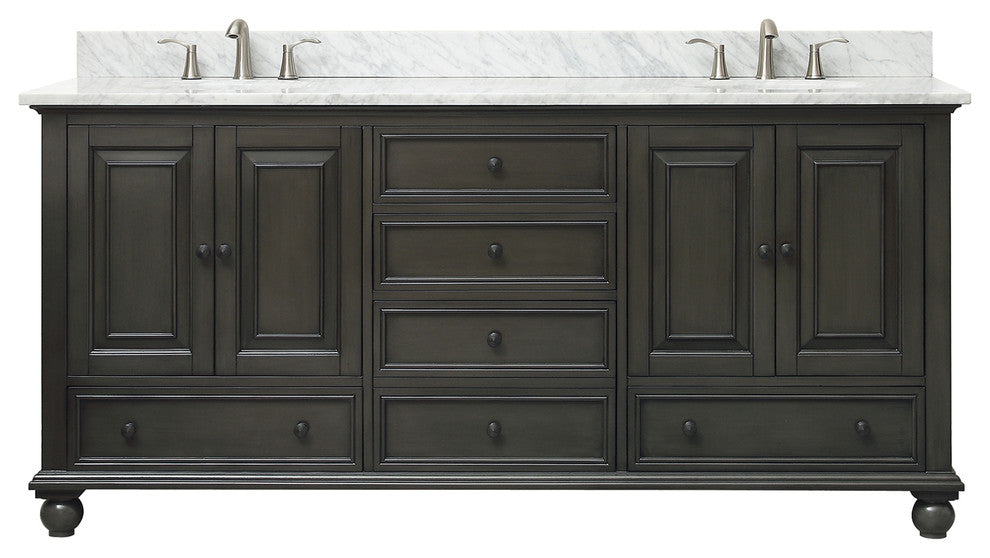 Avanity Thompson 73" Double Vanity, Charcoal Glaze Finish, Carrera White Marble Top