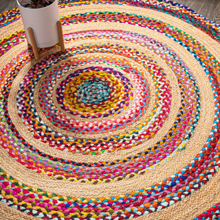 Isla Round Boho Braided Rag and Jute Multi/Natural 7' Round Area Rug