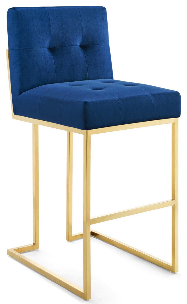 Navy Blue Velvet Bar Stool, Heidi Giselle Gold Barstool, Luxe Glam Golden Tufted
