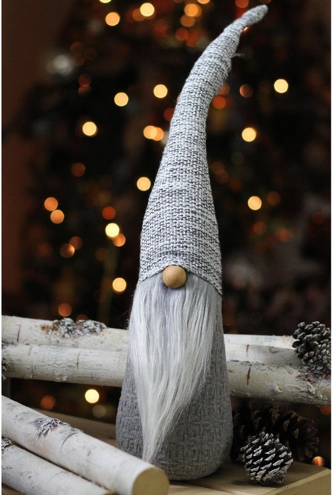 20" Winter's Beauty Grey and White with Woven Hat and Wooden Nose Cone Gnome