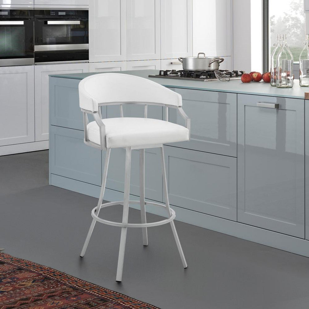 Swivel White Faux Leather and Silver Metal Bar Stool