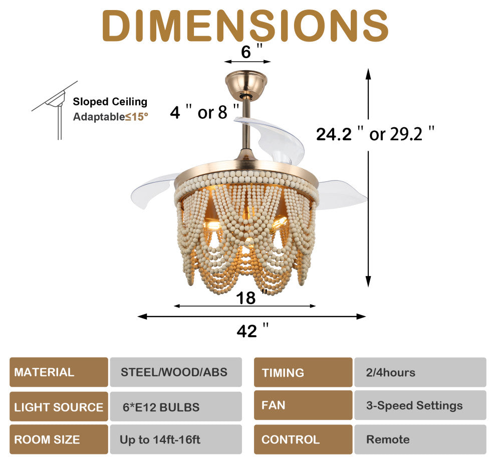 42" BoHo Ceiling Fanlight with Retractable Blades and Wooden Beads Accents, Gold