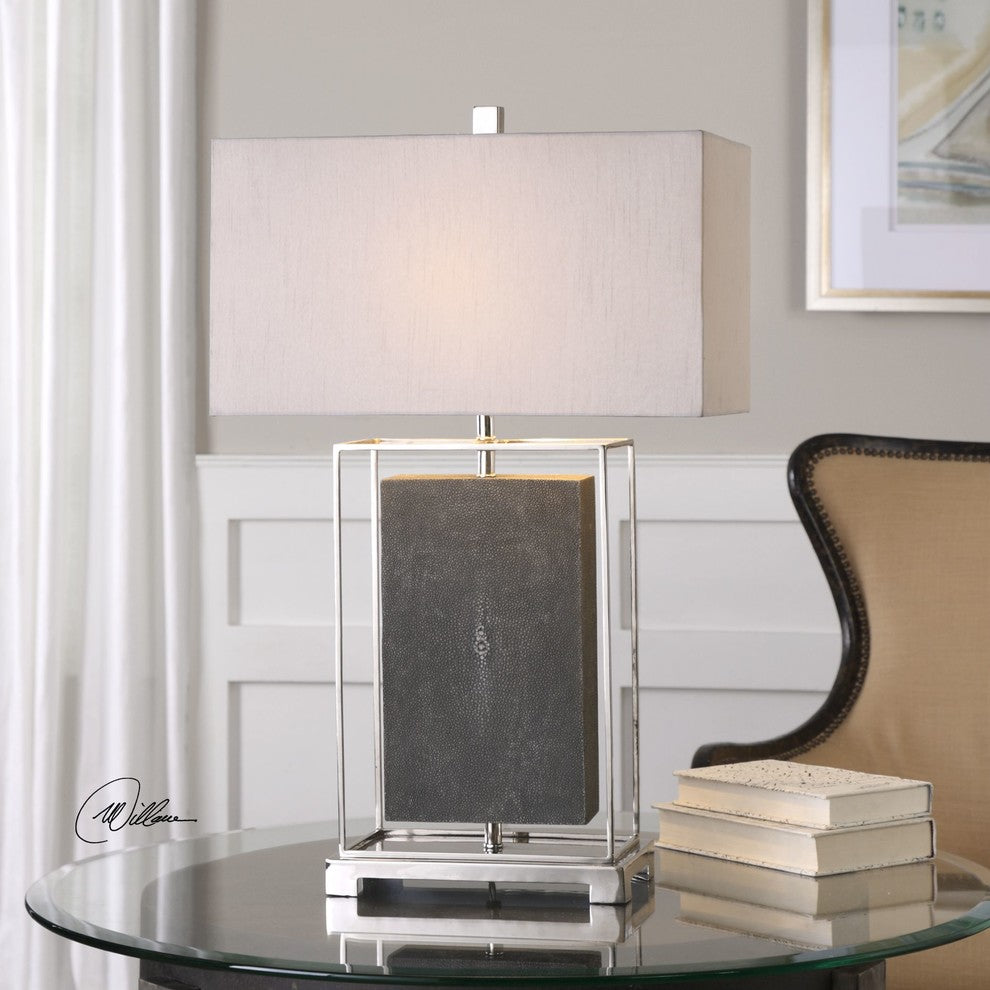 Elegant Gray Rectangles Table Lamp, Open