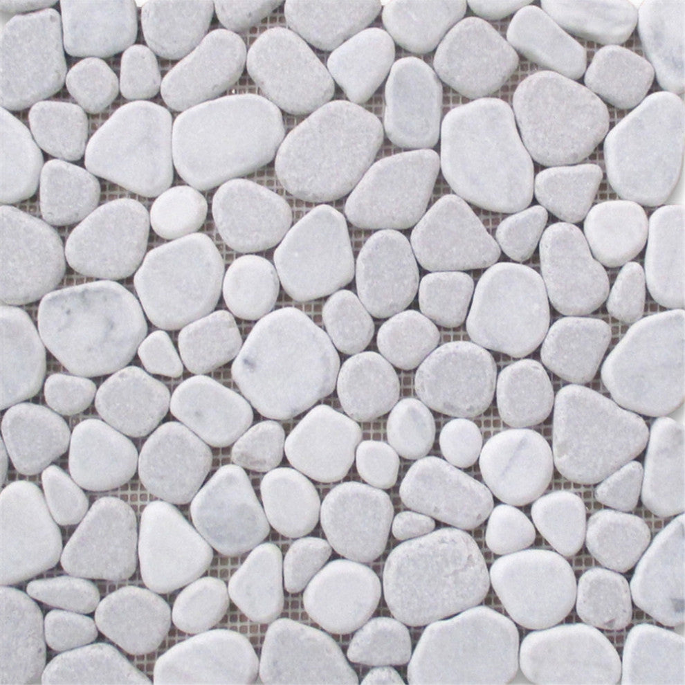 Non Slip Shower Floor Tile Tumbled Carrara Grey Marble Pebble Mosaic, 1 sheet