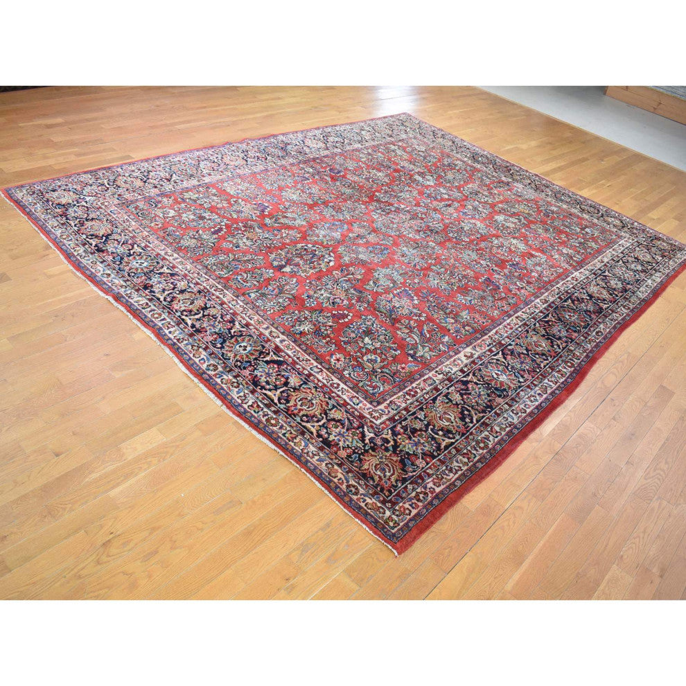 Tomato Red, Antique Persian Sarouk Hand Knotted 100% Wool Rug, 10'5" x 13'7"