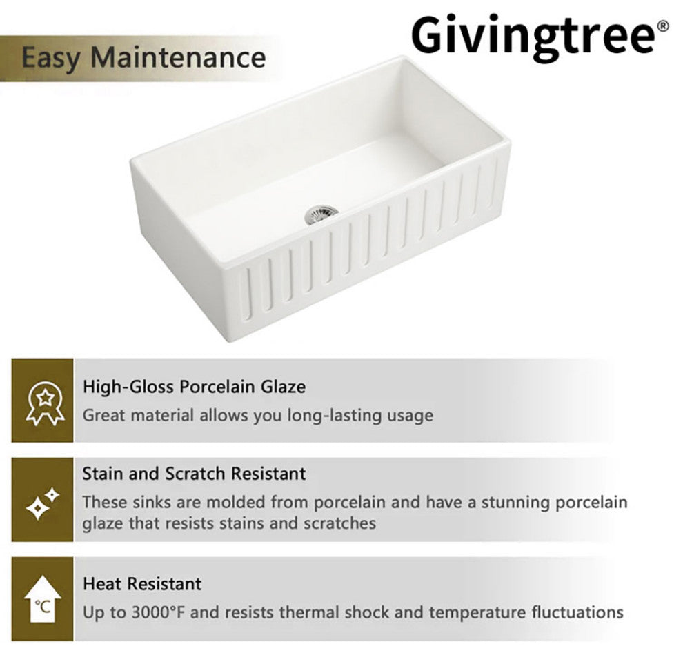 33-inL x 18-inW Farmhouse Apron Front White Ceramic Kitchen Sink