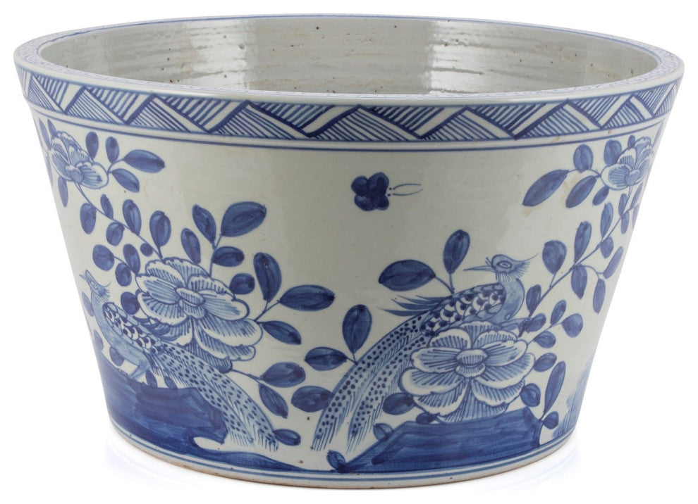 Blue And White Basin Planter Flower Bird Motif