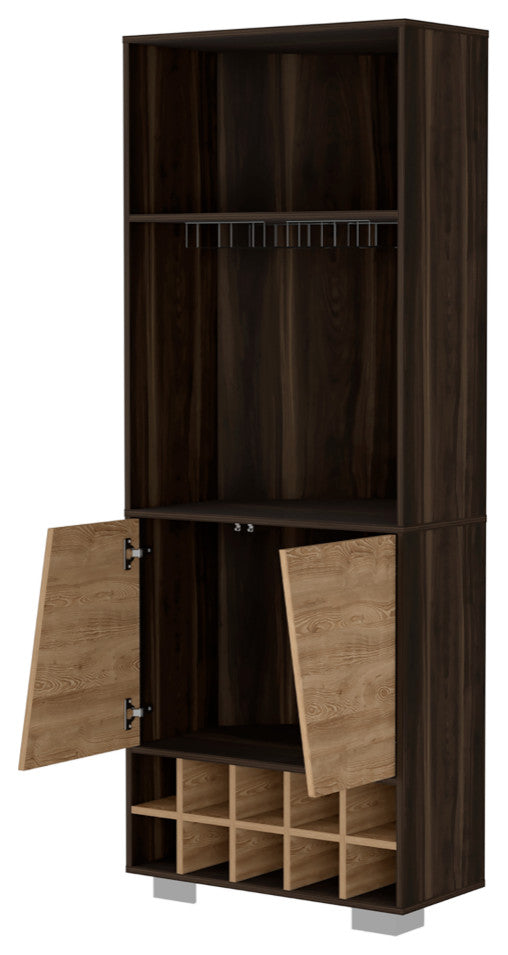 Bahamas Corner Bar with 10 Wine Cubbies, Dark Oak / Pine