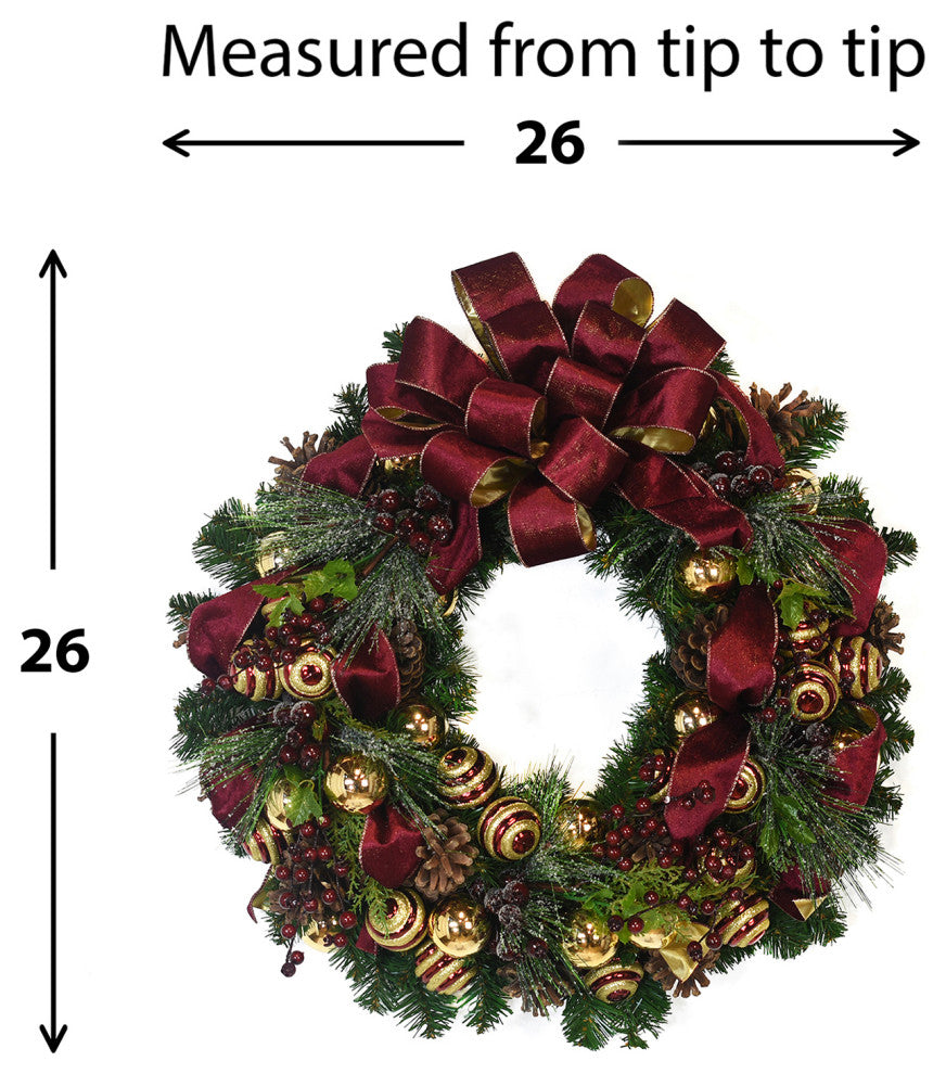 26" Evergreen Wreath with Berries, Pinecones, Ornaments and a Bow, Burgundy and Gold Swirl