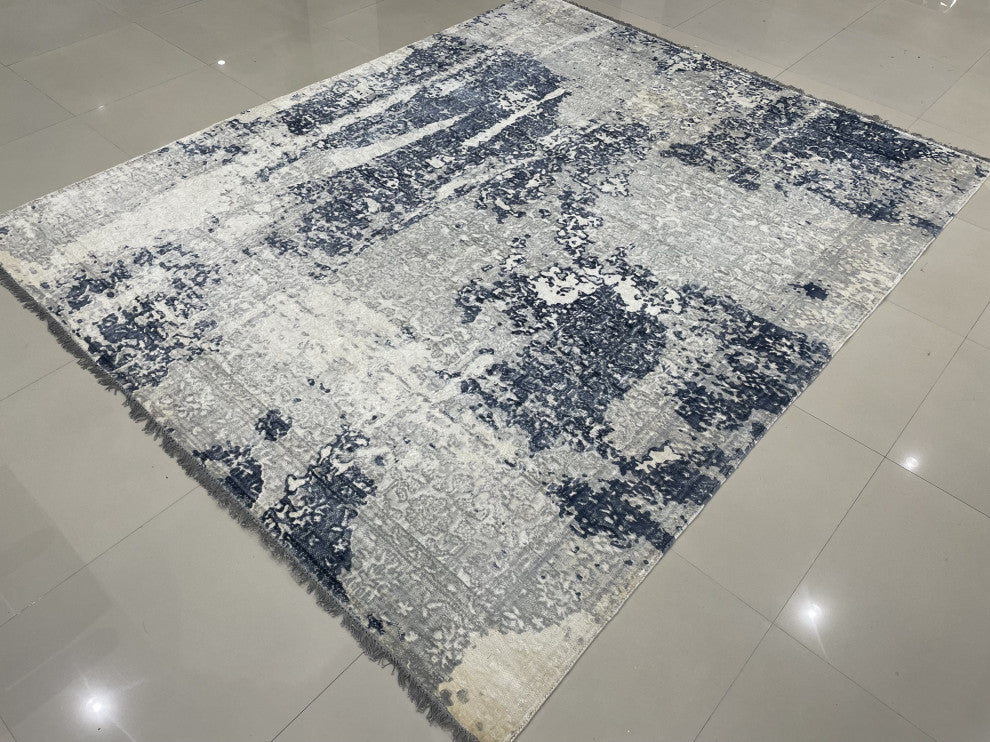 Hand-Knotted Wool Ivory/Blue Transitional Modern Modern Rug, 7' X 9'