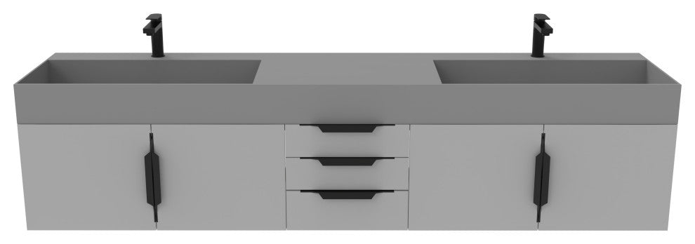 CastelloUSA Amazon 84" Wall Mounted Bathroom Vanity Set, Gray, Gray Top, Black Handles