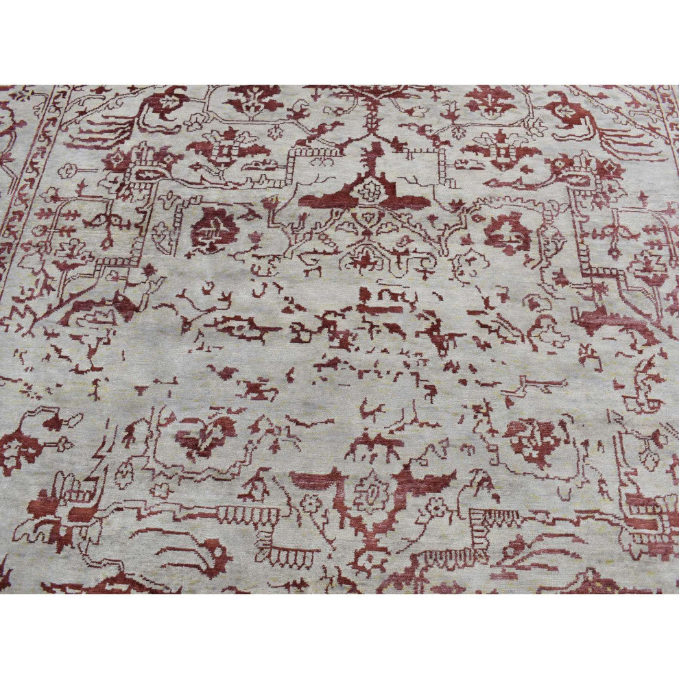 Beige Broken Heriz Design Wool and Silk Hand Knotted Oriental Rug 9'x11'9"
