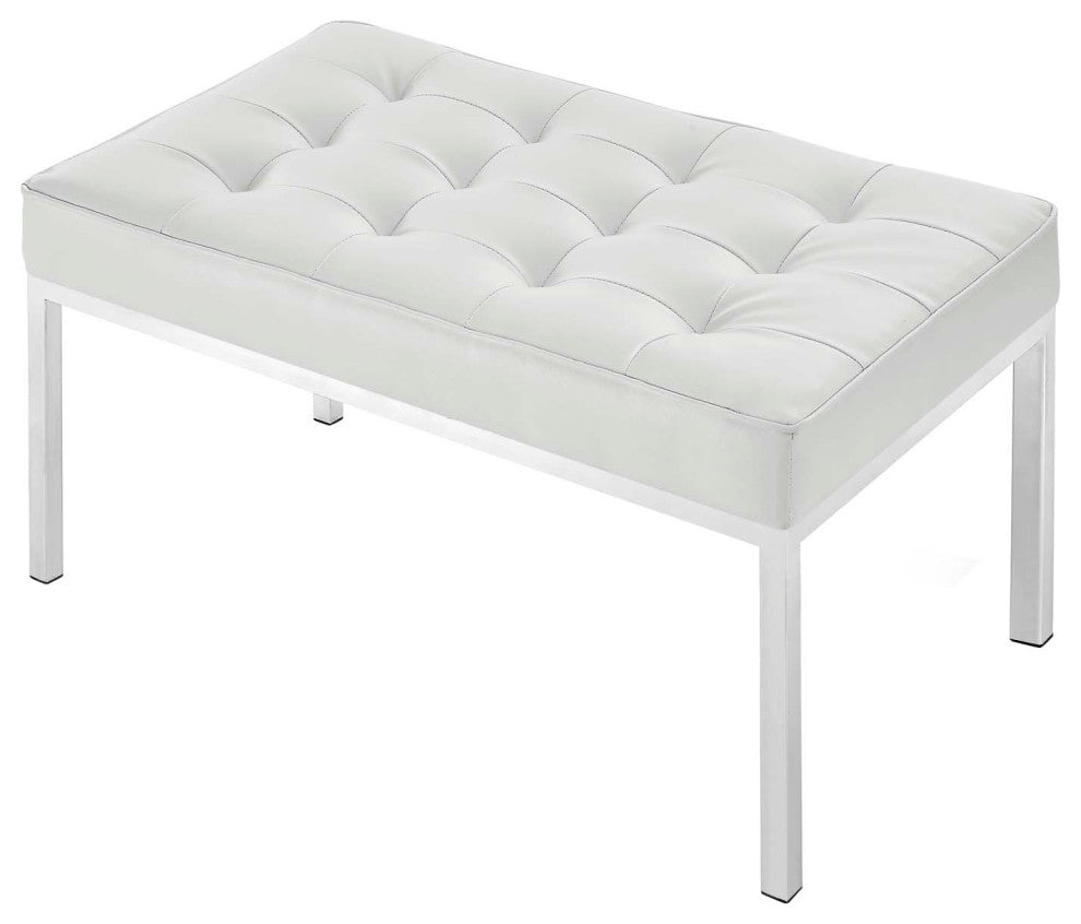 Modern Lounge Accent Chair Bench, Faux Vinyl Leather Metal Steel, White