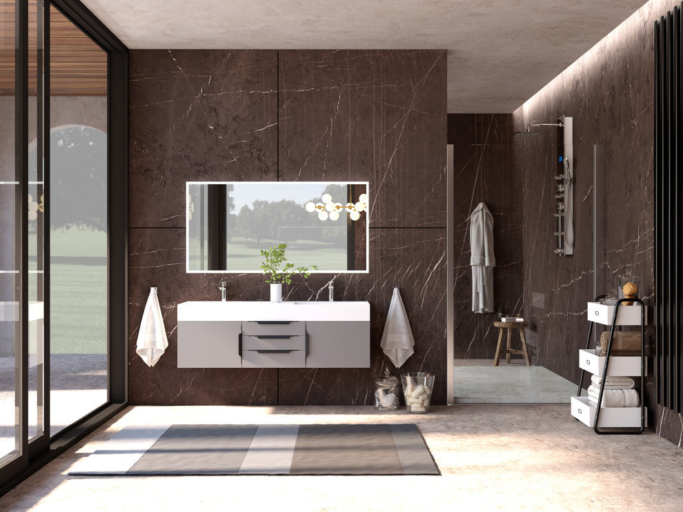 CastelloUSA Amazon 60" Wall Mounted Bathroom Vanity Set, Gray, White Top, Black Handles