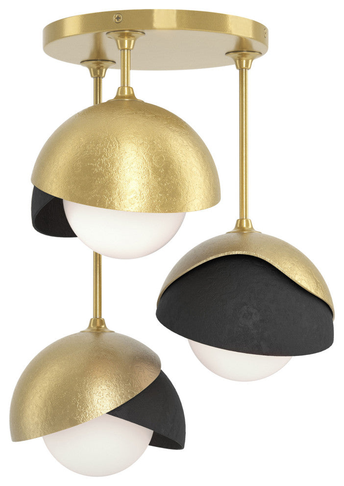 Brooklyn 3-Light Double Shade Semi-Flush, Modern Brass, Black, Opal Glass