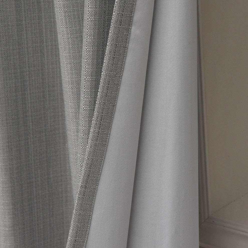 Woven Faux Linen Grommet Curtains with Blackout Lining, Grey, 52"x84"