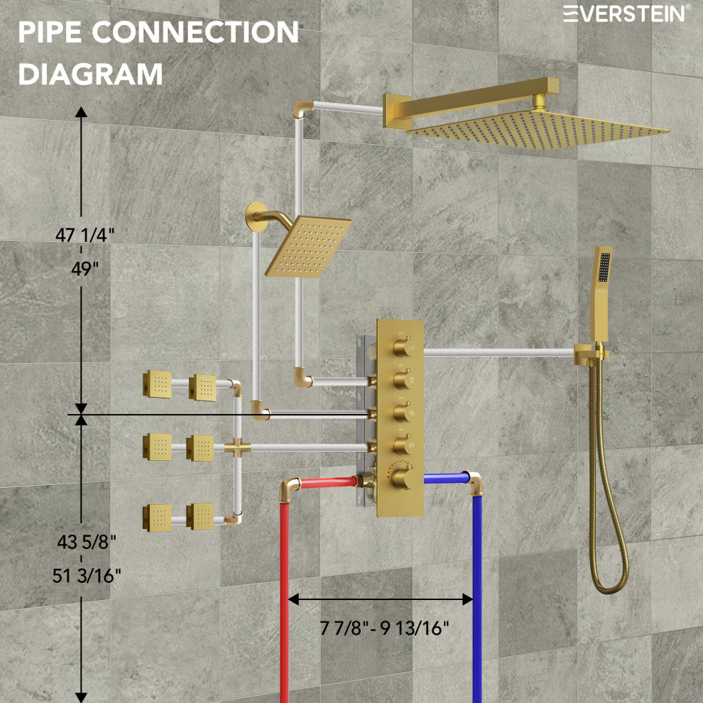 Dual Heads 16" Thermostatic Shower System With Hand Shower, Brushed Gold