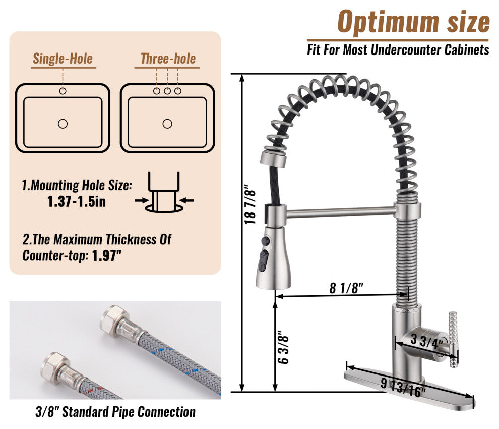 Single Handle Kitchen Sink Faucet Pull-Down Sprayer, 360 Swivel, 3 Functions, Brushed Nickel