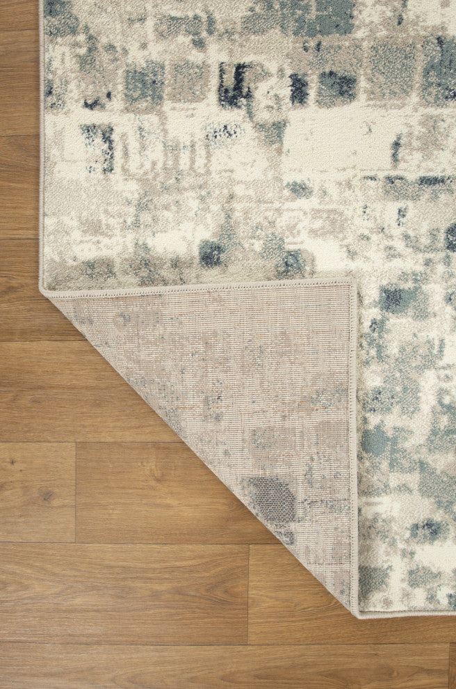 2"x8" Beige Blue Abstract Tiles Distressed Runner Rug