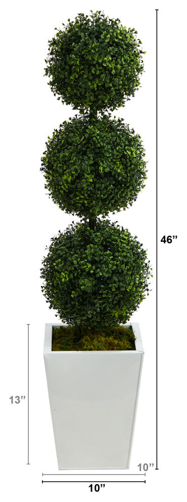 46" Boxwood Triple Ball Topiary Faux Tree, White Metal Planter, Indoor/Outdoor