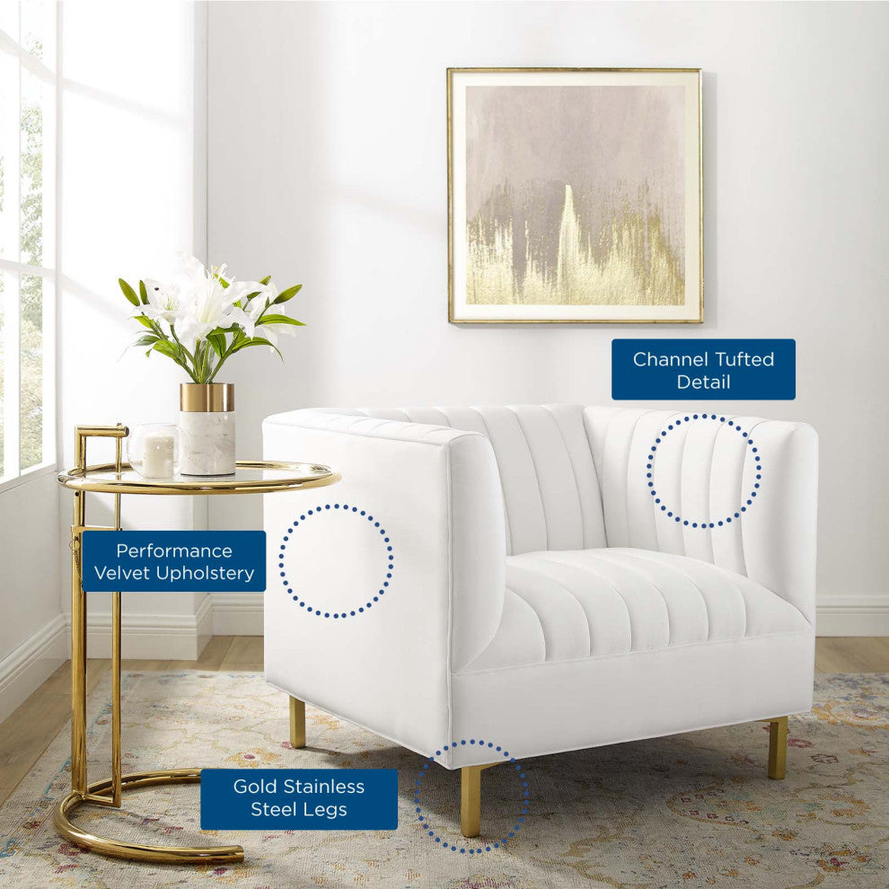 Tufted Armchair Accent Chair, Velvet, White, Modern, Living Lounge Hospitality