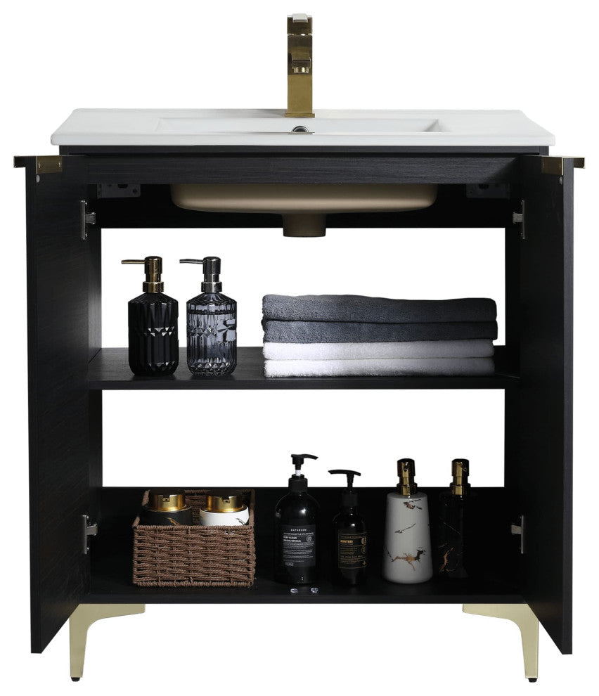 Wilmington Bath Vanity, Chestnut, 30 Inch, Satin Brass Hardware