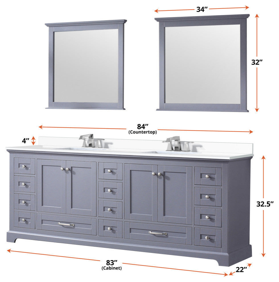 Dukes 84" Dark Grey Double Square Sink Vanity with Quartz Top, No Mirror