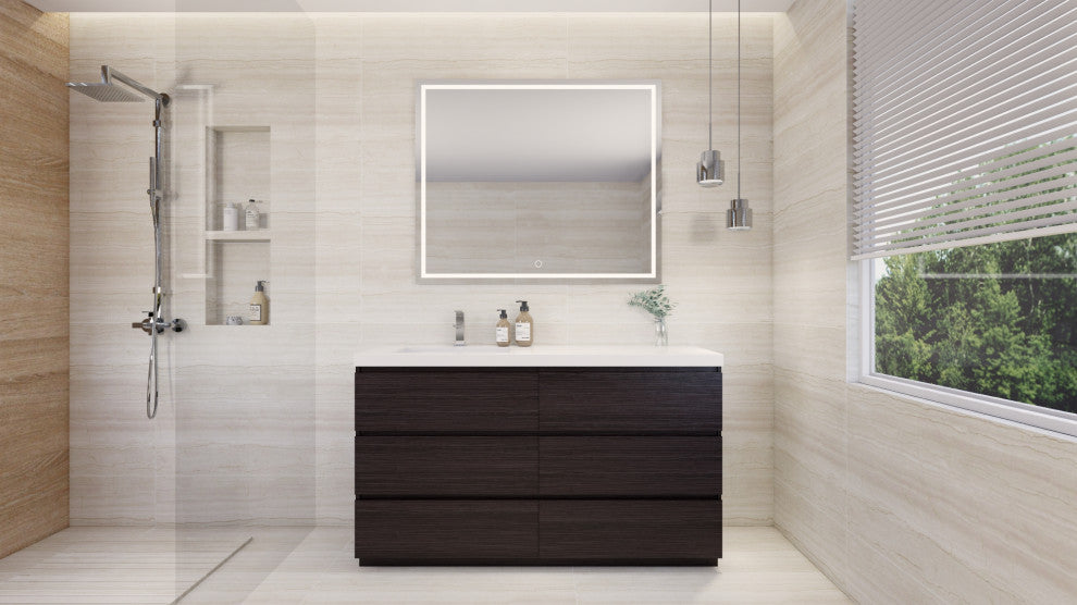 Alston 60" Free Standing Modern Vanity, Dark Gray Oak, Glossy White Top