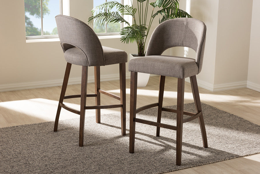 Melrose Light Gray Upholstered Walnut Wood Bar Stool, Set of 2