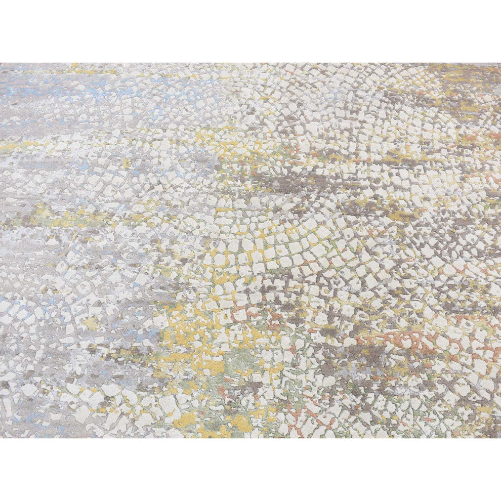 Rice White Wool and Silk Erased Roman Mosaic Design Hand Knotted Rug 8'1"x10'1"