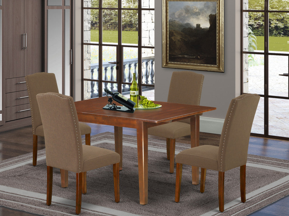 5Pc 42/54" Dining Table, 12" Self Storing Butterfly Leaf, 4 Chair, Dark Coffee
