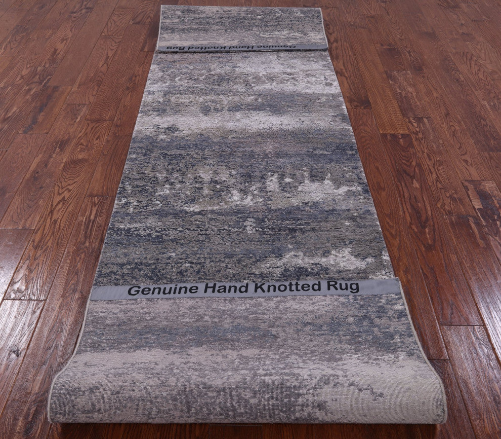 Runner Abstract Handmade Wool and Silk Rug 3' 0" X 12' 1" Q9082