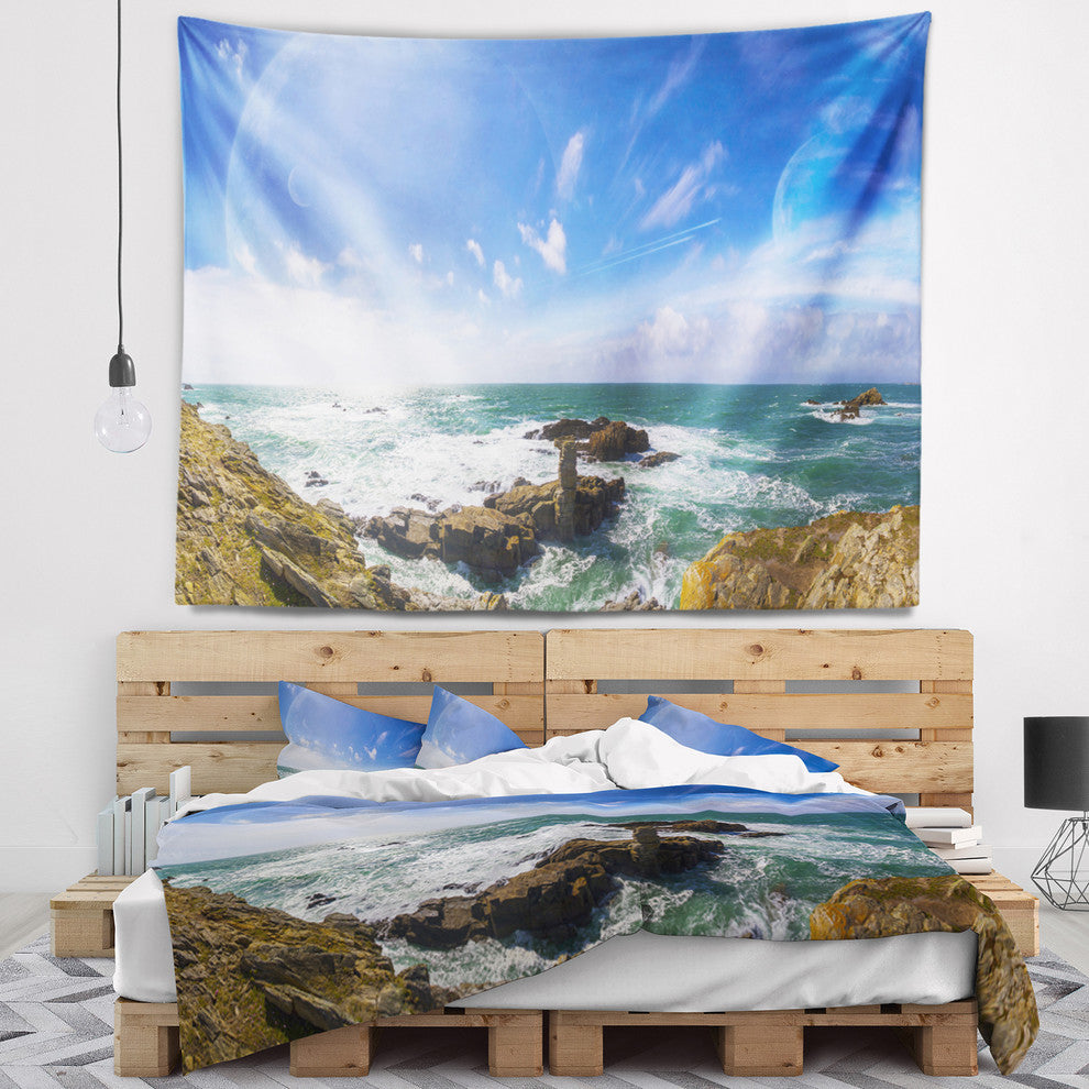 Distant Planet System from Cliffs Seashore Wall Tapestry, 80"x68"