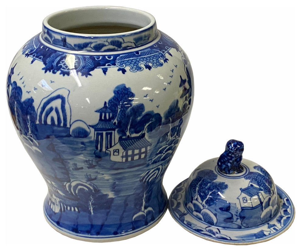 Chinese Blue White Porcelain Scenery Graphic General Temple Jar Hws1783