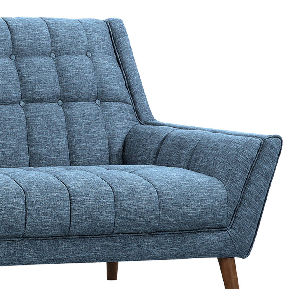 Cobra Mid Century Modern Sofa, Blue Linen and Walnut Legs