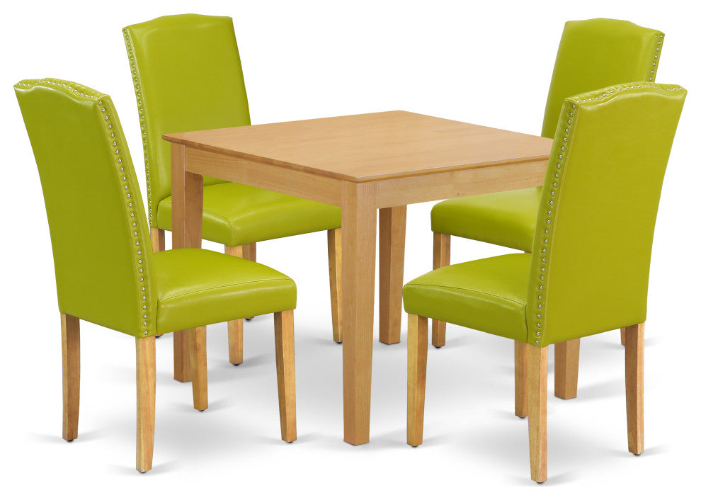 5Pc Square 36" Table, Four Parson Chair, Oak Leg, Pu Leather Color Autumn Green