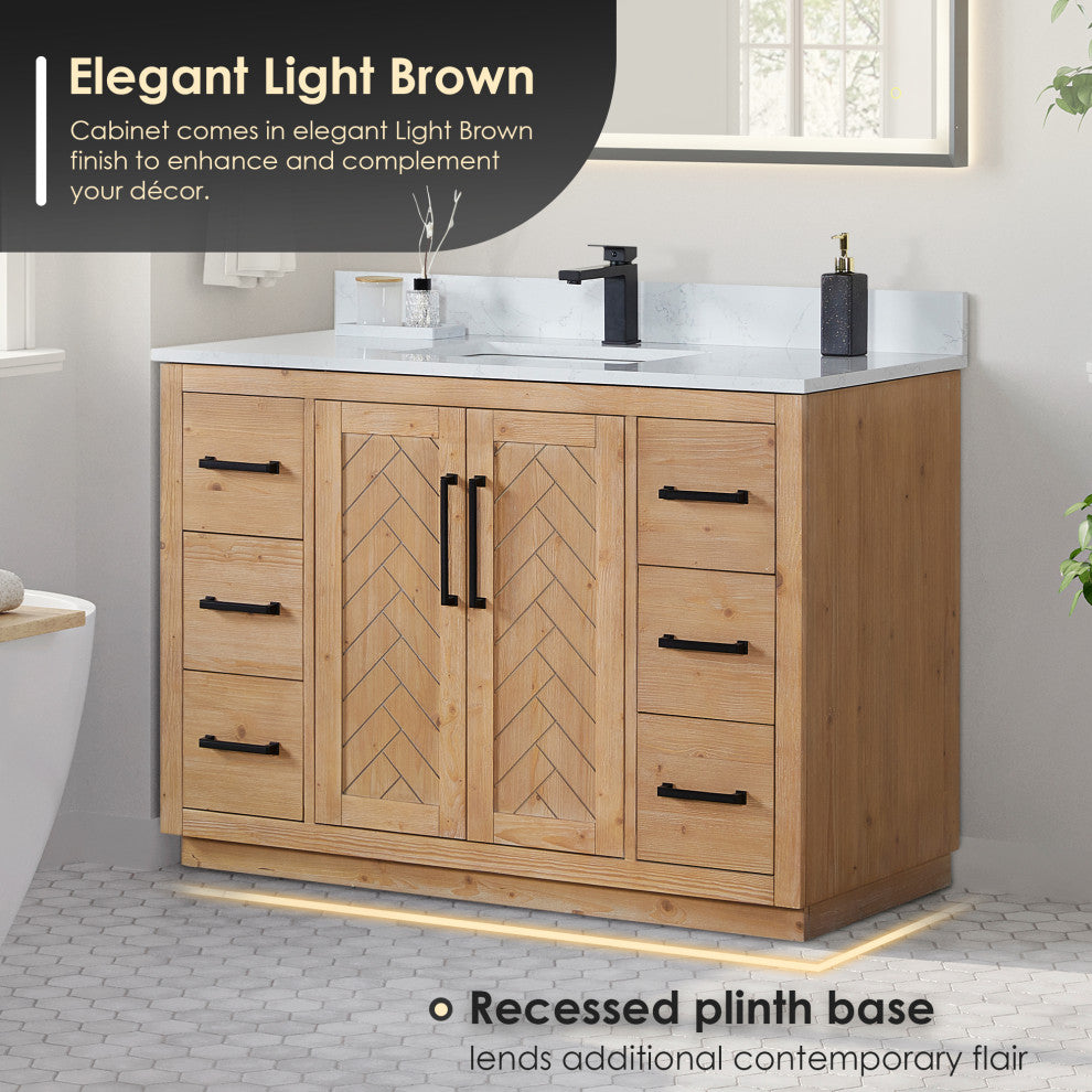 Anais Vanity Grain White Engineered Stone Countertop, Light Brown, 48", No Mirror