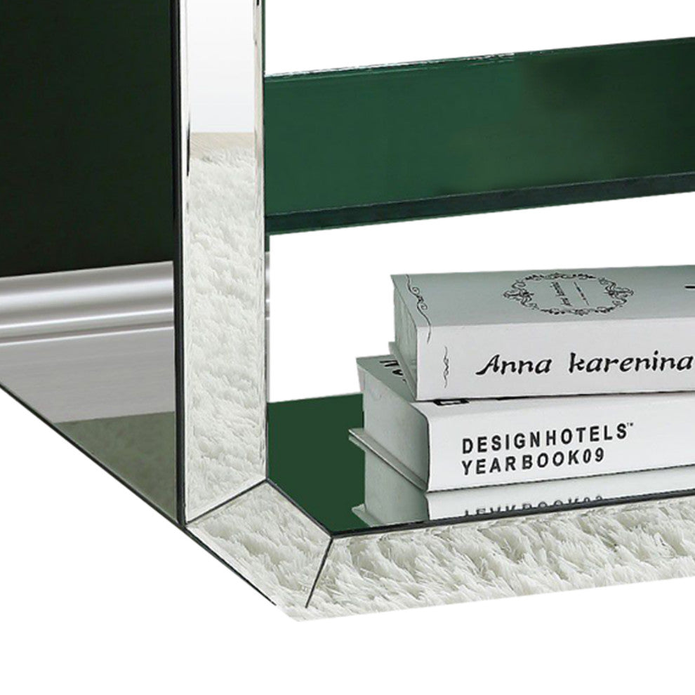 Benzara BM250271 Accent Table With Mirrored Inserts and 1 Glass Shelf, Silver