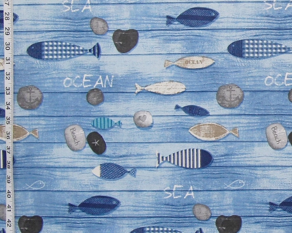 Blue Beach Fabric Seashore Weathered Boards Wooden Fish Stones, Standard Cut