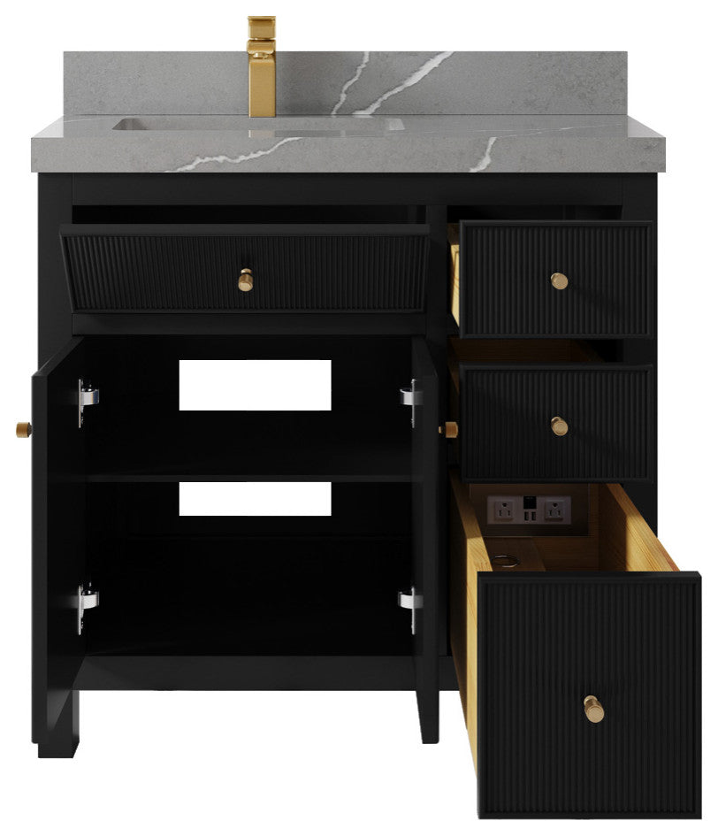 Sonoma 36 Left Offset Reeded Bath Vanity in Black 2" Piatra Gray