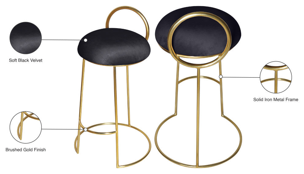 Ring Velvet Upholstered Counter Height Stool with Durable Iron Frame, Black, Gold Finish