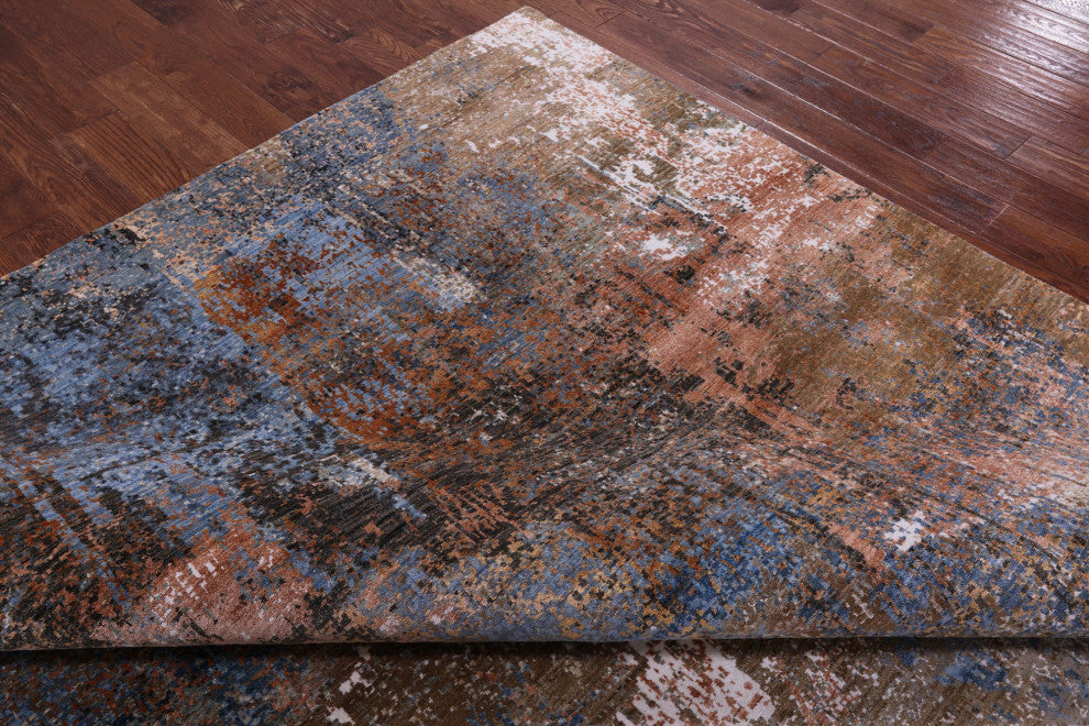 9' 2" X 12' 3" Hand Knotted Abstract Wool and Silk Rug Q8864