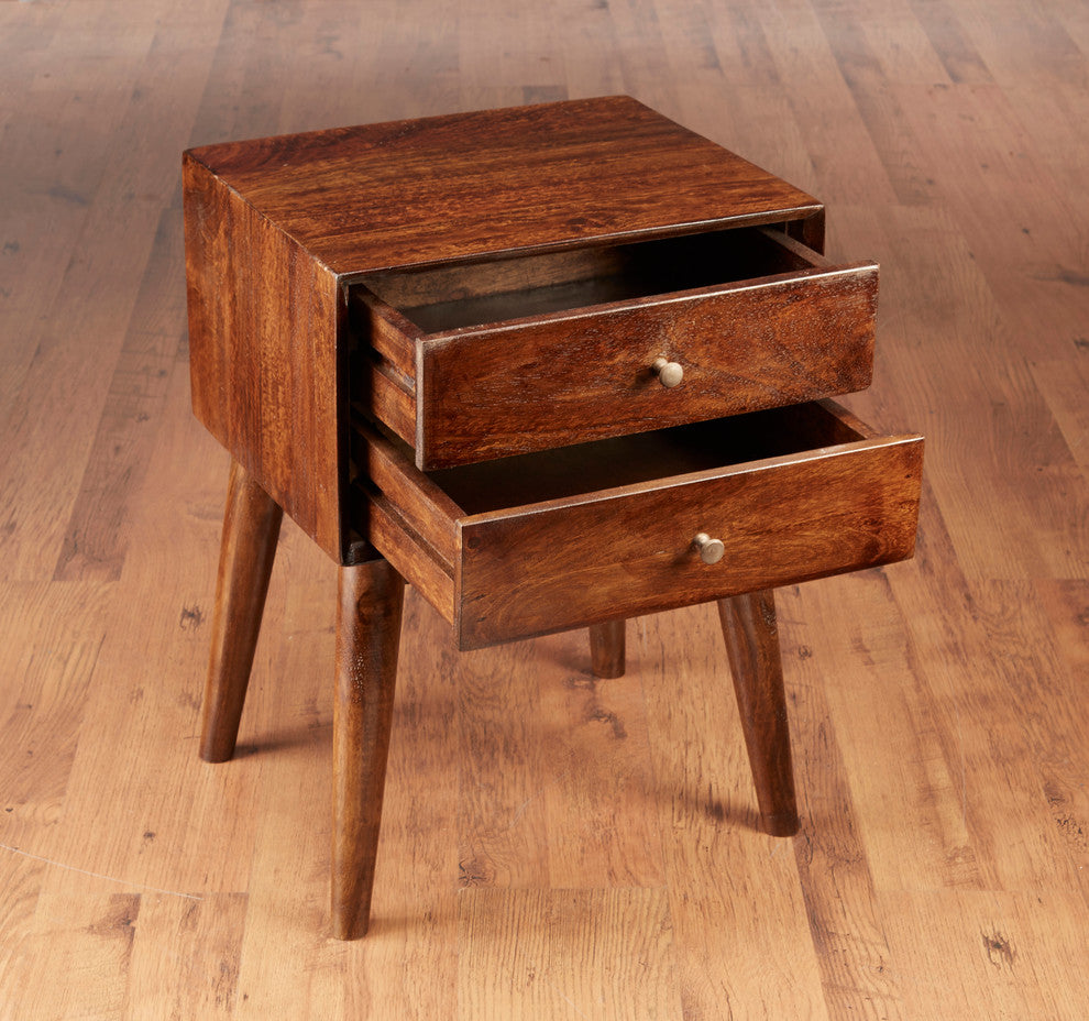 Two Drawer Mid Century Chest, Pecan Finish