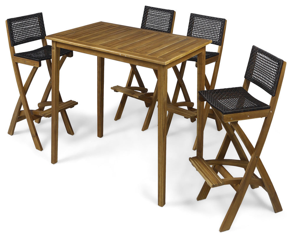 Elizabeth Outdoor 45" Rectangular 5-Piece Wood and Wicker Bar Height Set, Natural Wood