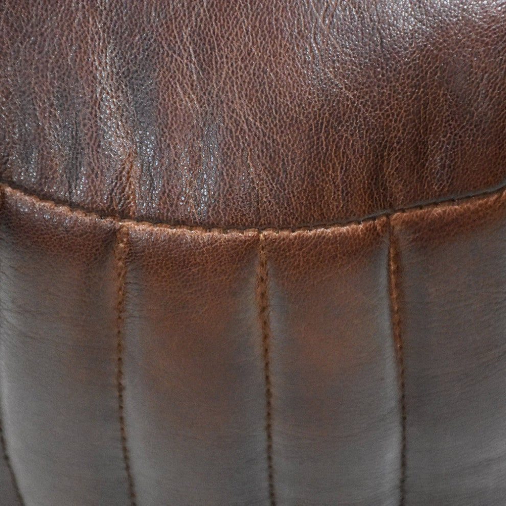 Poufs-Solid Handmade Goat Leather Pouf, Recycled Cotton Fill, Brown, Round [16x16x16]