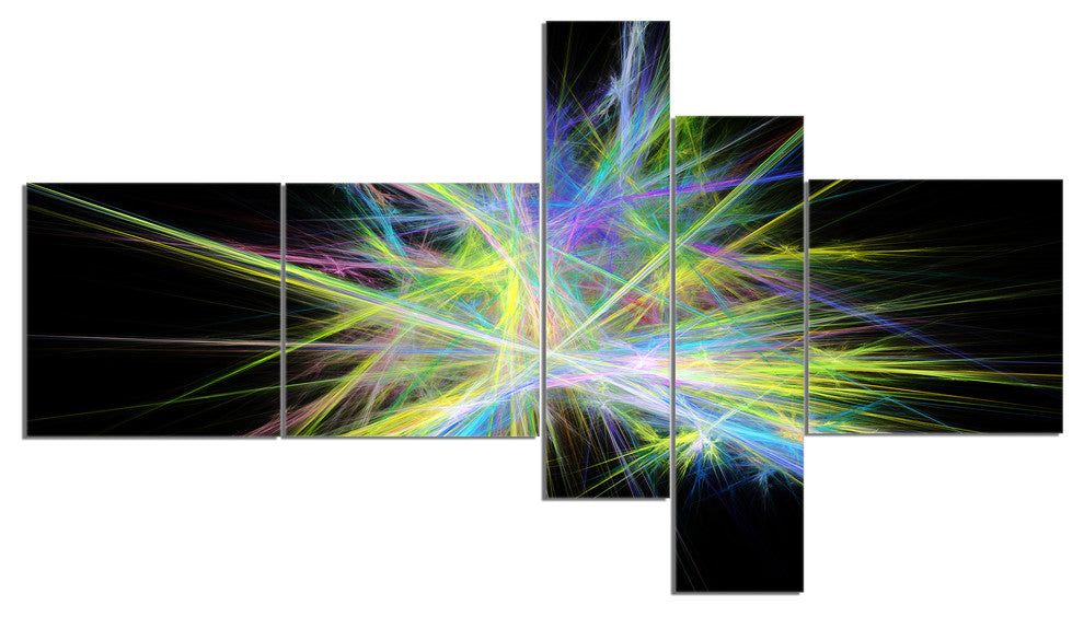 Yellow Blue Chaos Multicolored Rays, Abstract Canvas Wall Art, 60"x32", 5 panels