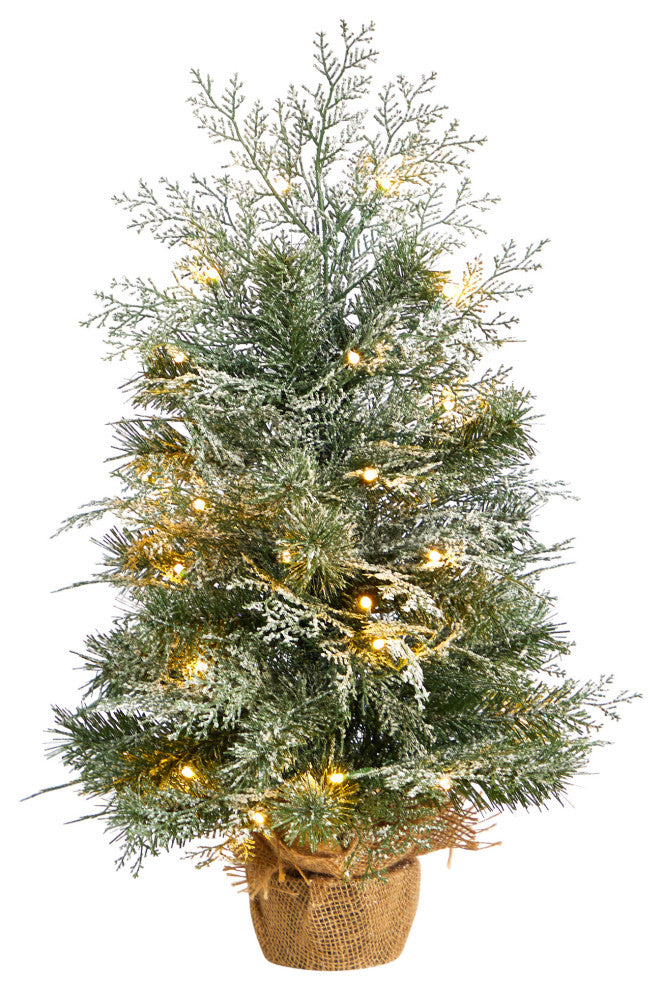 2' Winter Frosted Artificial Christmas Tree With 35 LED Lights, Burlap Base